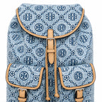 Tory Burch T Monogram | Light blue washed denim and navy logo  tan leather trim adjustable shoulder strap  women's designer shoulder bag