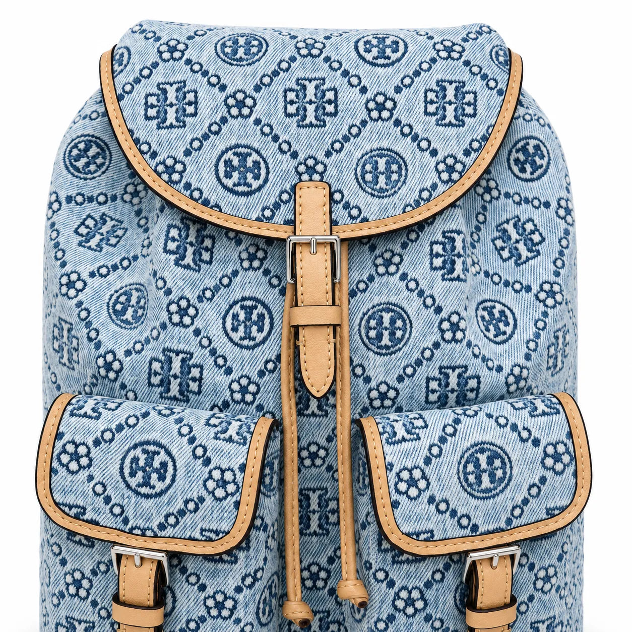 Tory Burch T Monogram | Light blue washed denim and navy logo  tan leather trim adjustable shoulder strap  women's designer shoulder bag