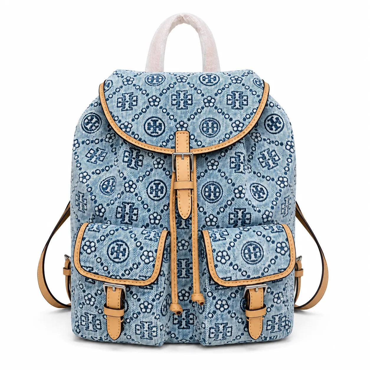 Tory Burch T Monogram | Light blue washed denim and navy logo  tan leather trim adjustable shoulder strap  women's designer shoulder bag