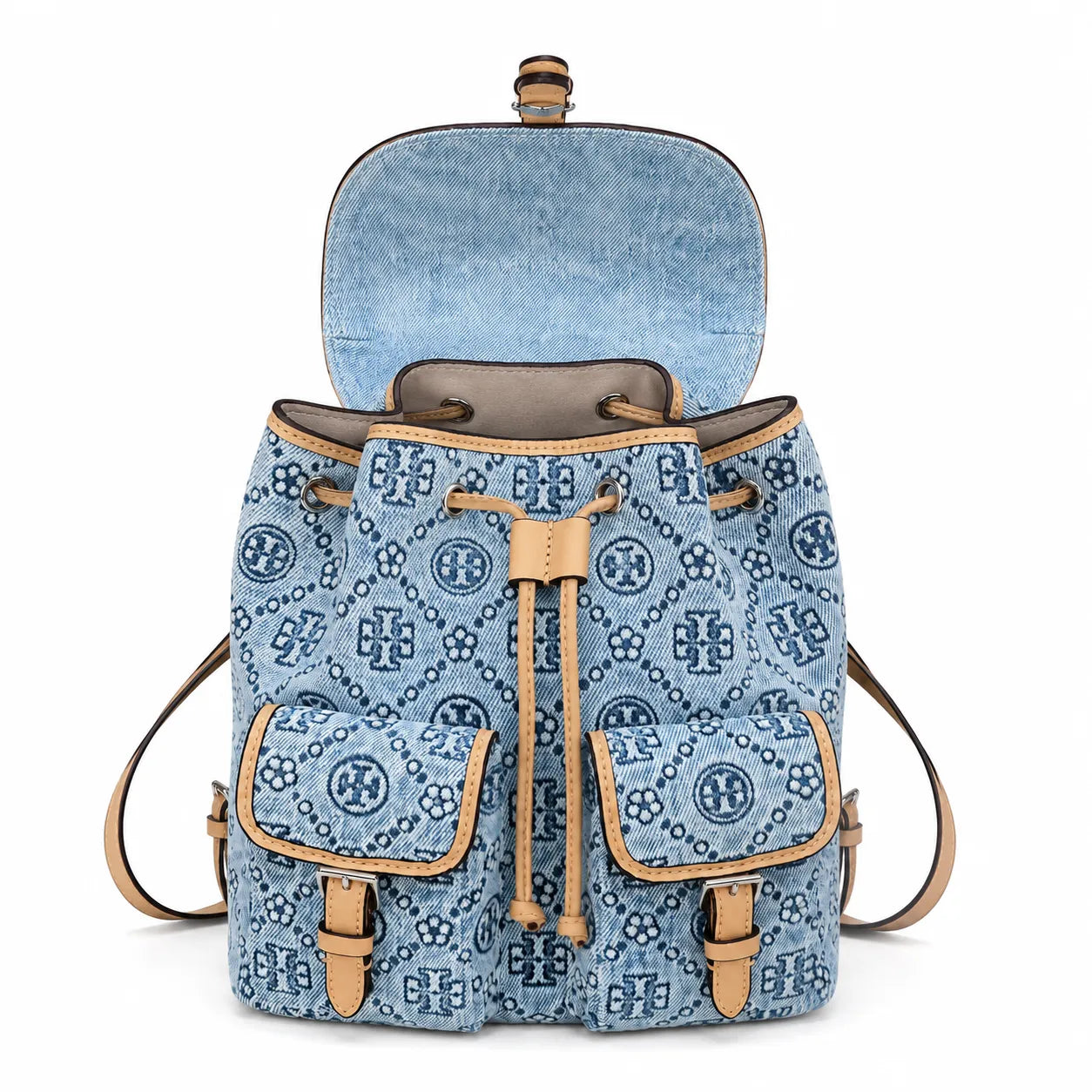 Tory Burch T Monogram | Light blue washed denim and navy logo  tan leather trim adjustable shoulder strap  women's designer shoulder bag