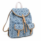 Tory Burch T Monogram | Light blue washed denim and navy logo  tan leather trim adjustable shoulder strap  women's designer shoulder bag