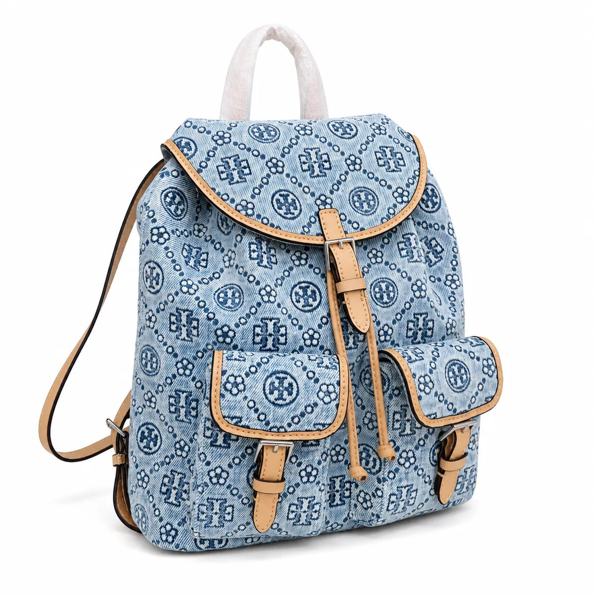Tory Burch T Monogram | Light blue washed denim and navy logo  tan leather trim adjustable shoulder strap  women's designer shoulder bag