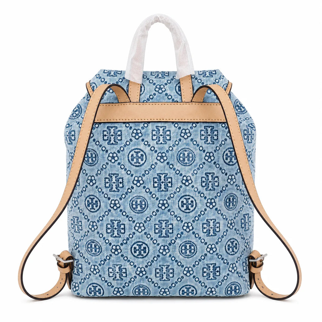 Tory Burch T Monogram | Light blue washed denim and navy logo  tan leather trim adjustable shoulder strap  women's designer shoulder bag