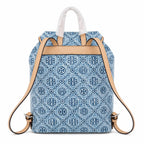 Tory Burch T Monogram | Light blue washed denim and navy logo  tan leather trim adjustable shoulder strap  women's designer shoulder bag