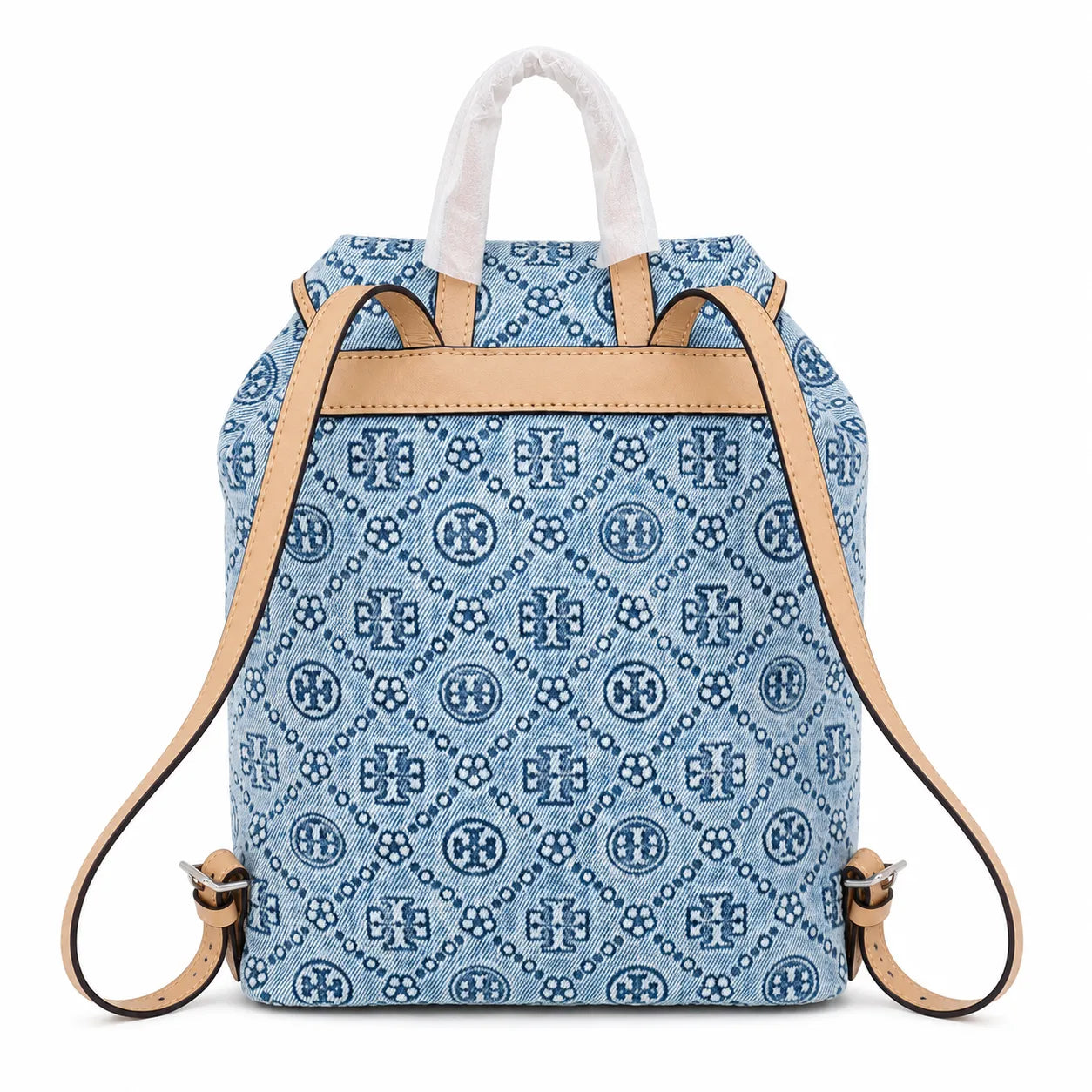 Tory Burch T Monogram | Light blue washed denim and navy logo  tan leather trim adjustable shoulder strap  women's designer shoulder bag
