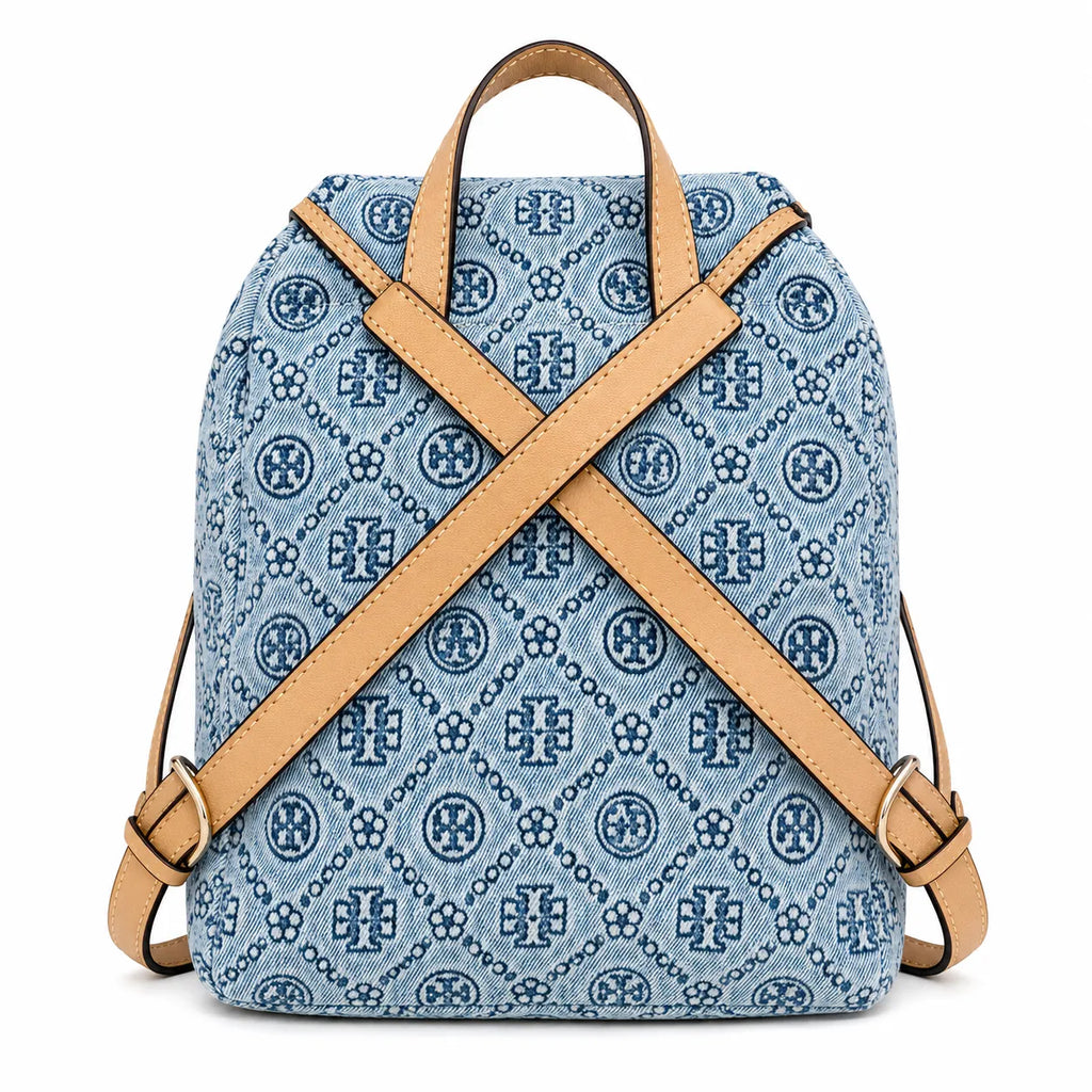 Tory Burch T Monogram | Light blue washed denim and navy logo  tan leather trim adjustable shoulder strap  women's designer shoulder bag