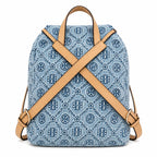 Tory Burch T Monogram | Light blue washed denim and navy logo  tan leather trim adjustable shoulder strap  women's designer shoulder bag