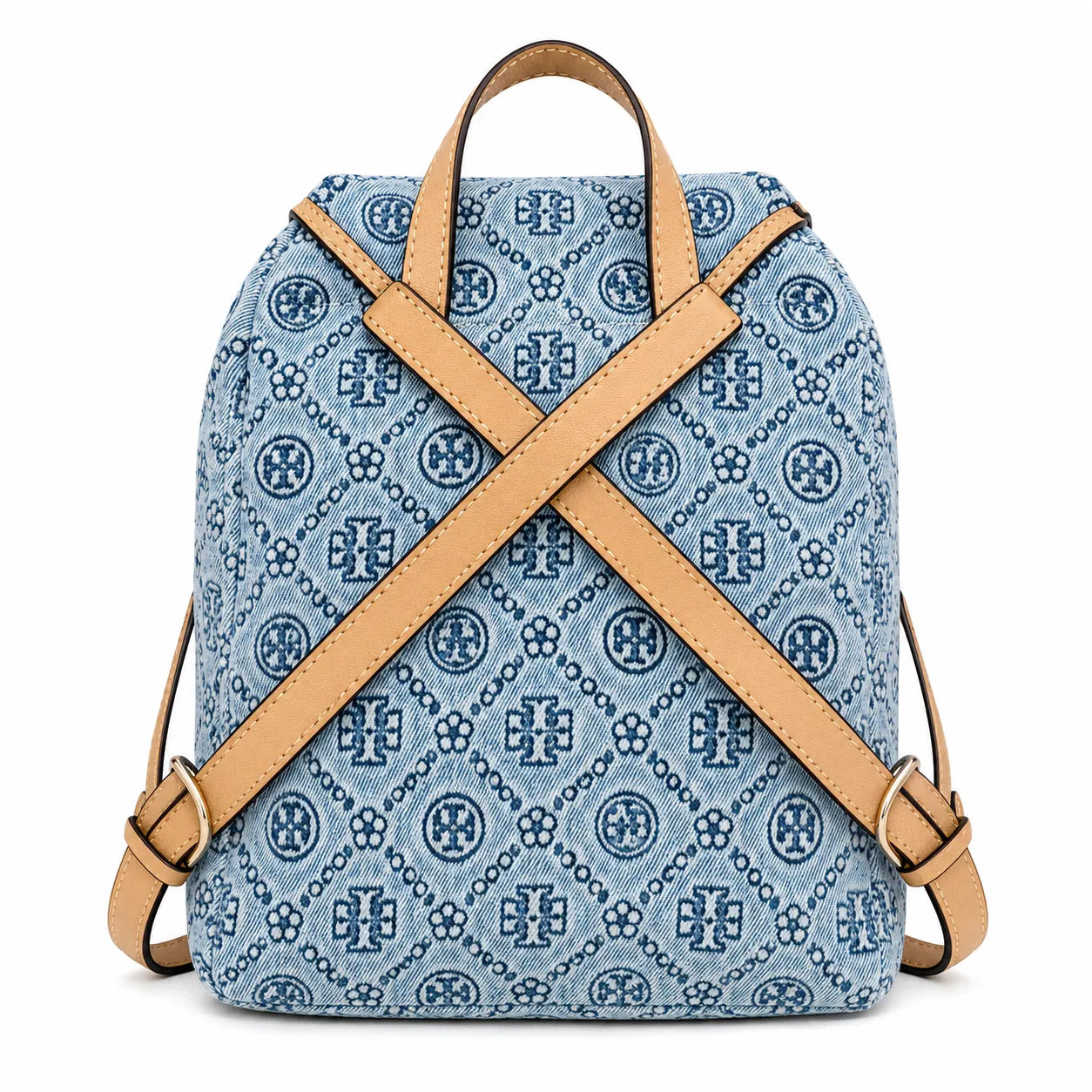 Tory Burch T Monogram | Light blue washed denim and navy logo  tan leather trim adjustable shoulder strap  women's designer shoulder bag