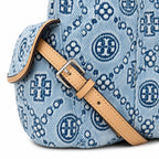 Tory Burch T Monogram | Light blue washed denim and navy logo  tan leather trim adjustable shoulder strap  women's designer shoulder bag