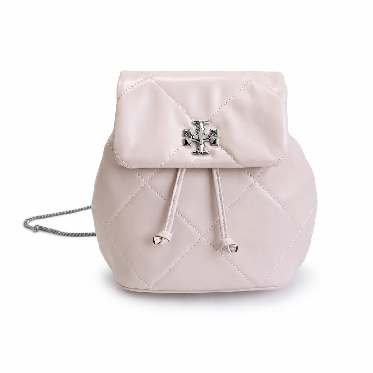 Tory Burch Kira Mini Quilted Bag | Soft pink leather with a silver double T logo  featuring an adjustable chain leather shoulder strap  a women's designer backpack
