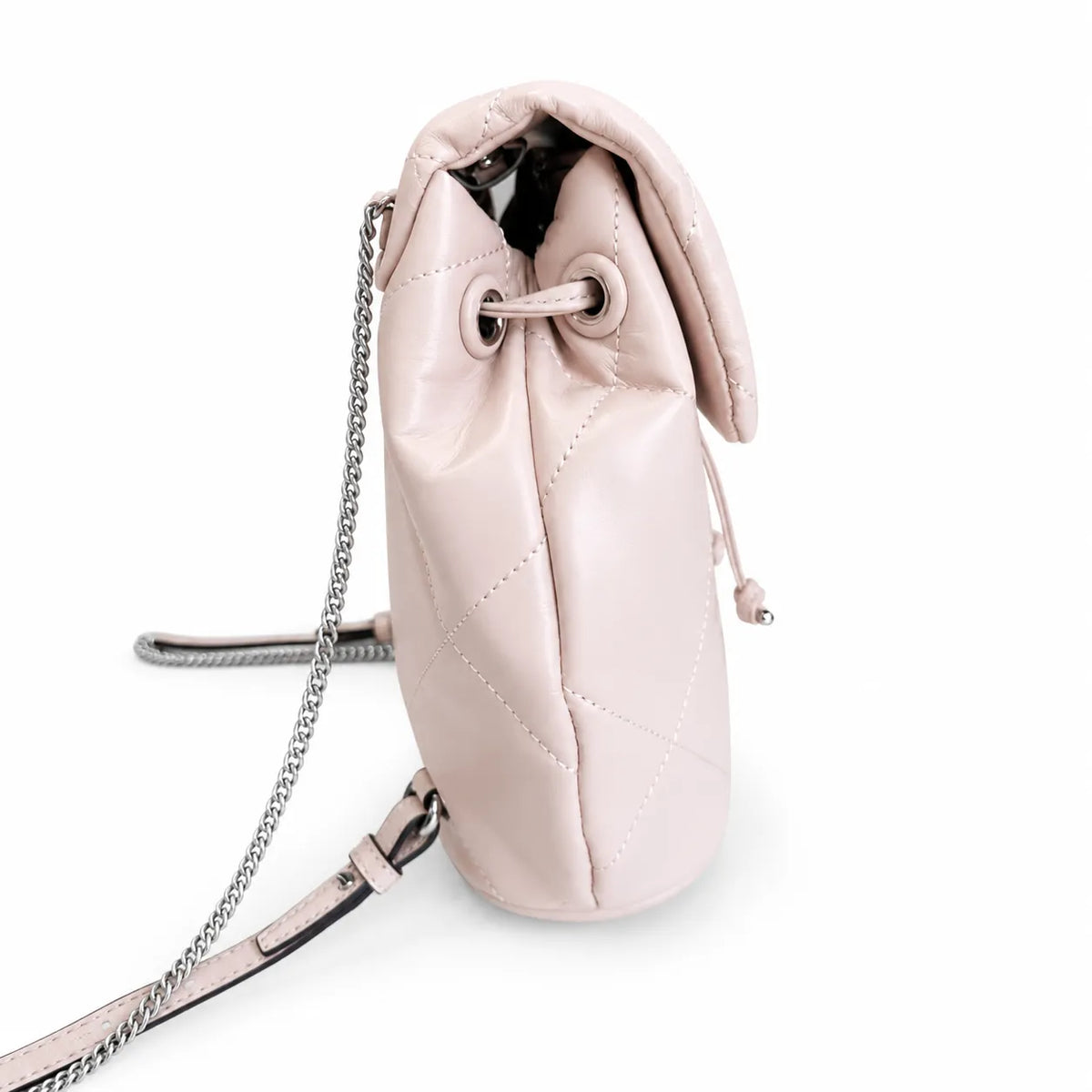 Tory Burch Kira Mini Quilted Bag | Soft pink leather with a silver double T logo  featuring an adjustable chain leather shoulder strap  a women's designer backpack