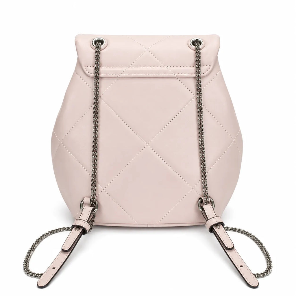 Tory Burch Kira Mini Quilted Bag | Soft pink leather with a silver double T logo  featuring an adjustable chain leather shoulder strap  a women's designer backpack