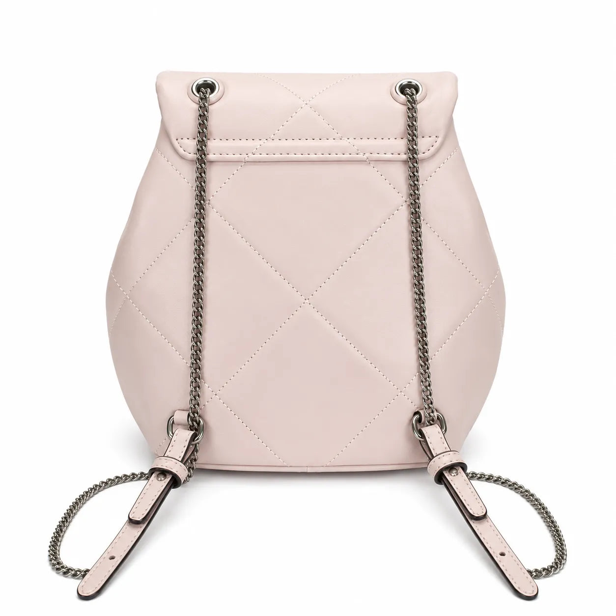 Tory Burch Kira Mini Quilted Bag | Soft pink leather with a silver double T logo  featuring an adjustable chain leather shoulder strap  a women's designer backpack