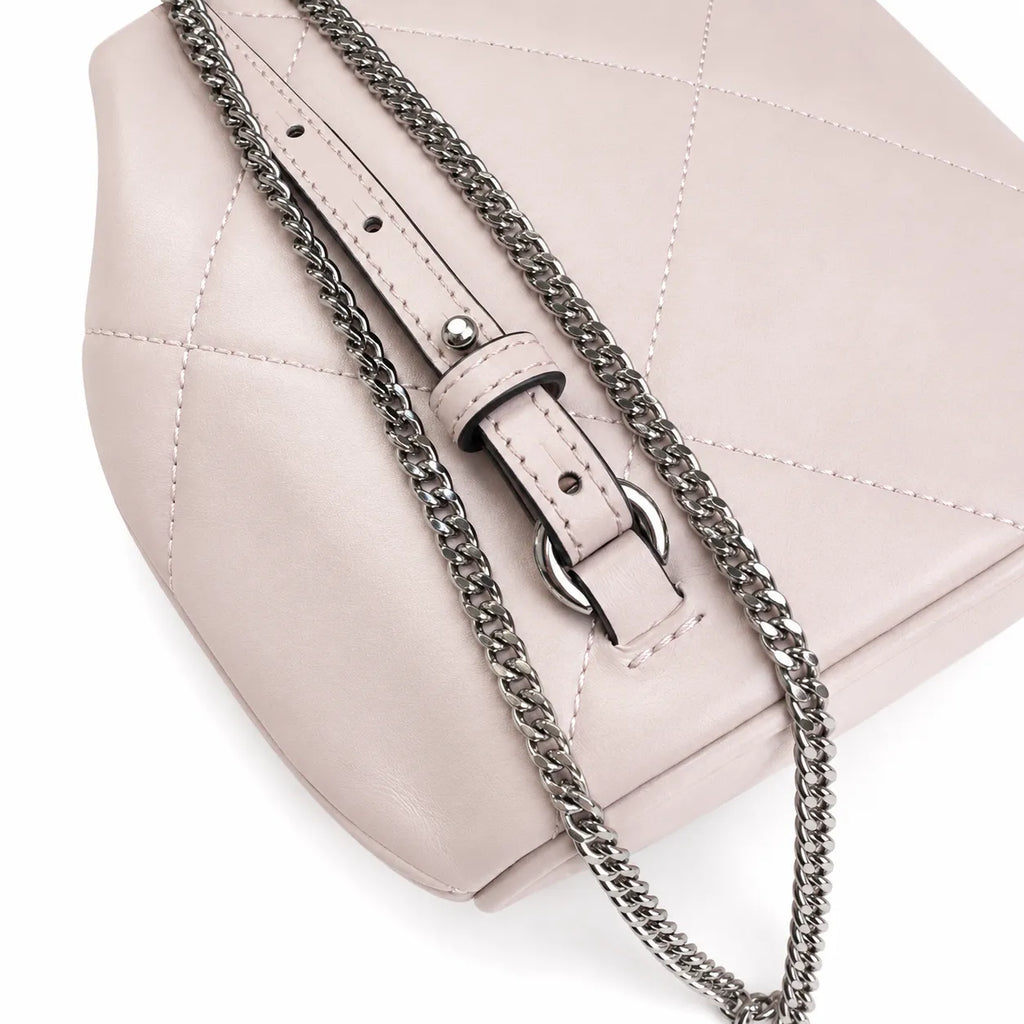 Tory Burch Kira Mini Quilted Bag | Soft pink leather with a silver double T logo  featuring an adjustable chain leather shoulder strap  a women's designer backpack