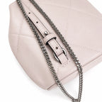 Tory Burch Kira Mini Quilted Bag | Soft pink leather with a silver double T logo  featuring an adjustable chain leather shoulder strap  a women's designer backpack