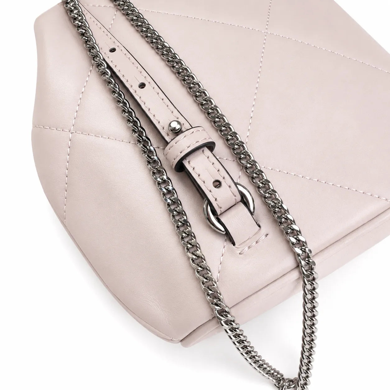 Tory Burch Kira Mini Quilted Bag | Soft pink leather with a silver double T logo  featuring an adjustable chain leather shoulder strap  a women's designer backpack