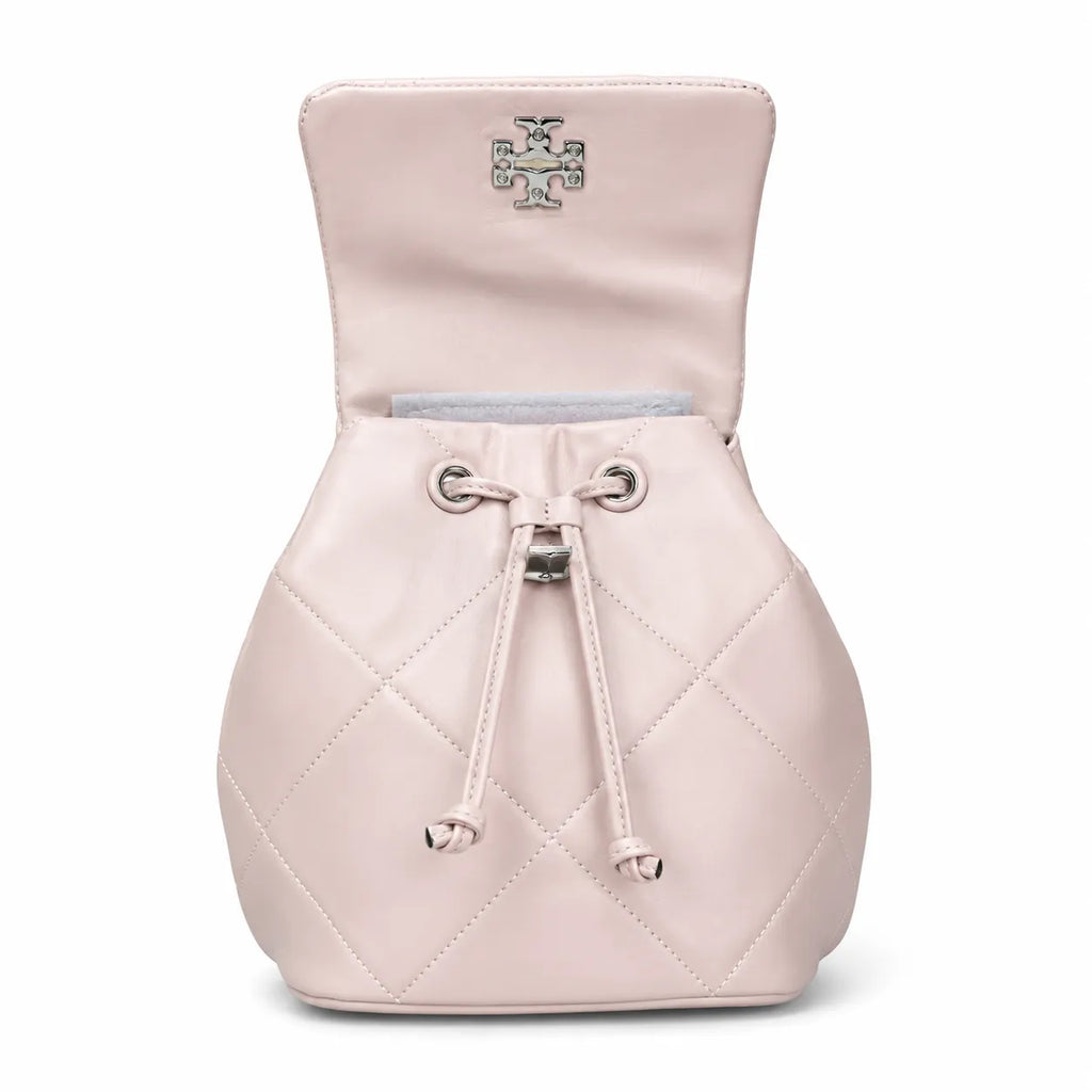 Tory Burch Kira Mini Quilted Bag | Soft pink leather with a silver double T logo  featuring an adjustable chain leather shoulder strap  a women's designer backpack