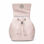 Tory Burch Kira Mini Quilted Bag | Soft pink leather with a silver double T logo  featuring an adjustable chain leather shoulder strap  a women's designer backpack