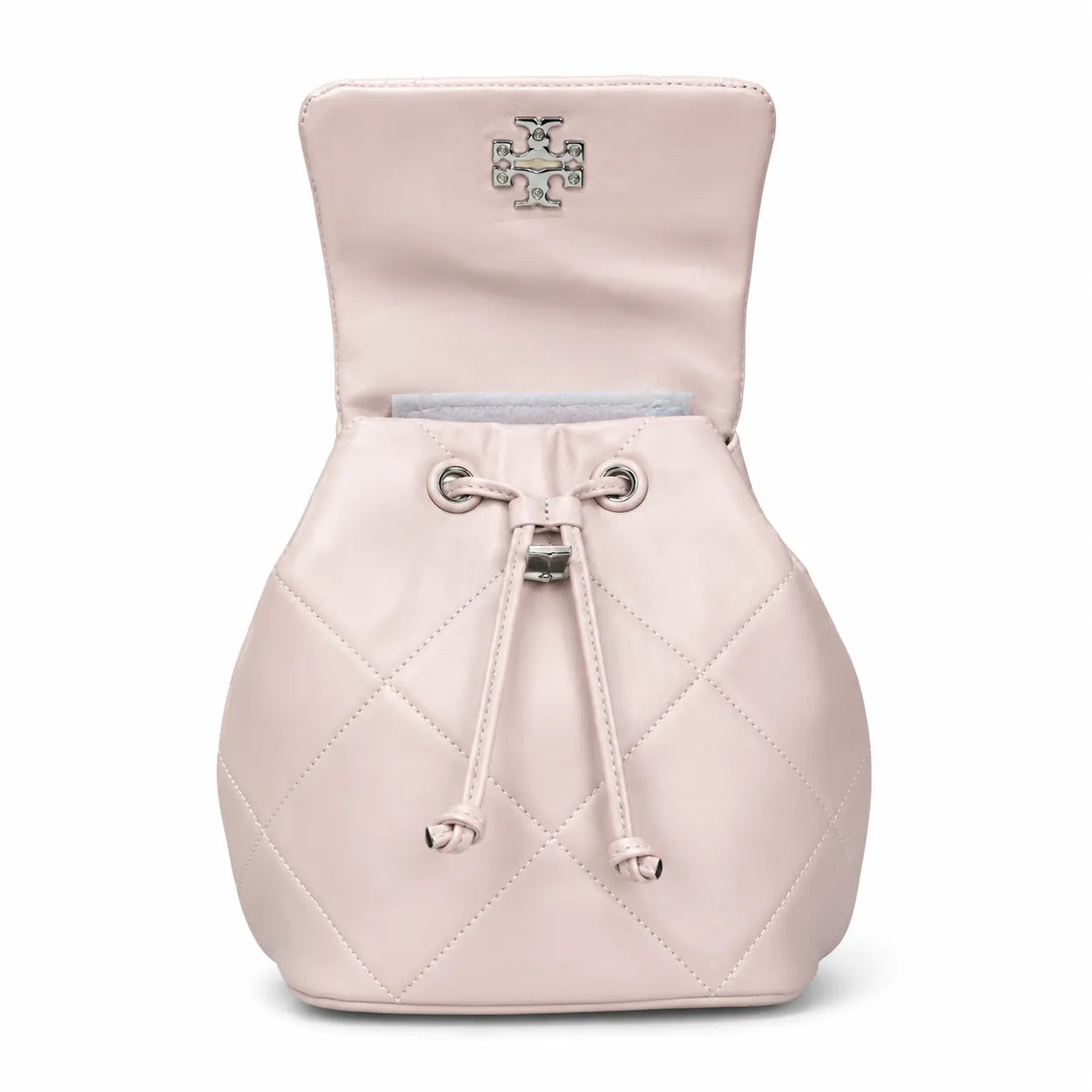 Tory Burch Kira Mini Quilted Bag | Soft pink leather with a silver double T logo  featuring an adjustable chain leather shoulder strap  a women's designer backpack