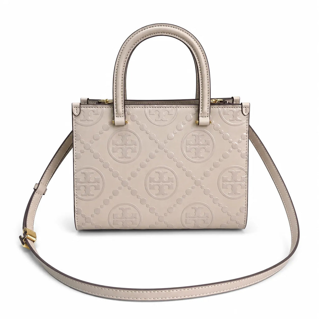 Tory Burch T-pattern small women's designer shoulder bag off-white leather brown logo detachable shoulder strap