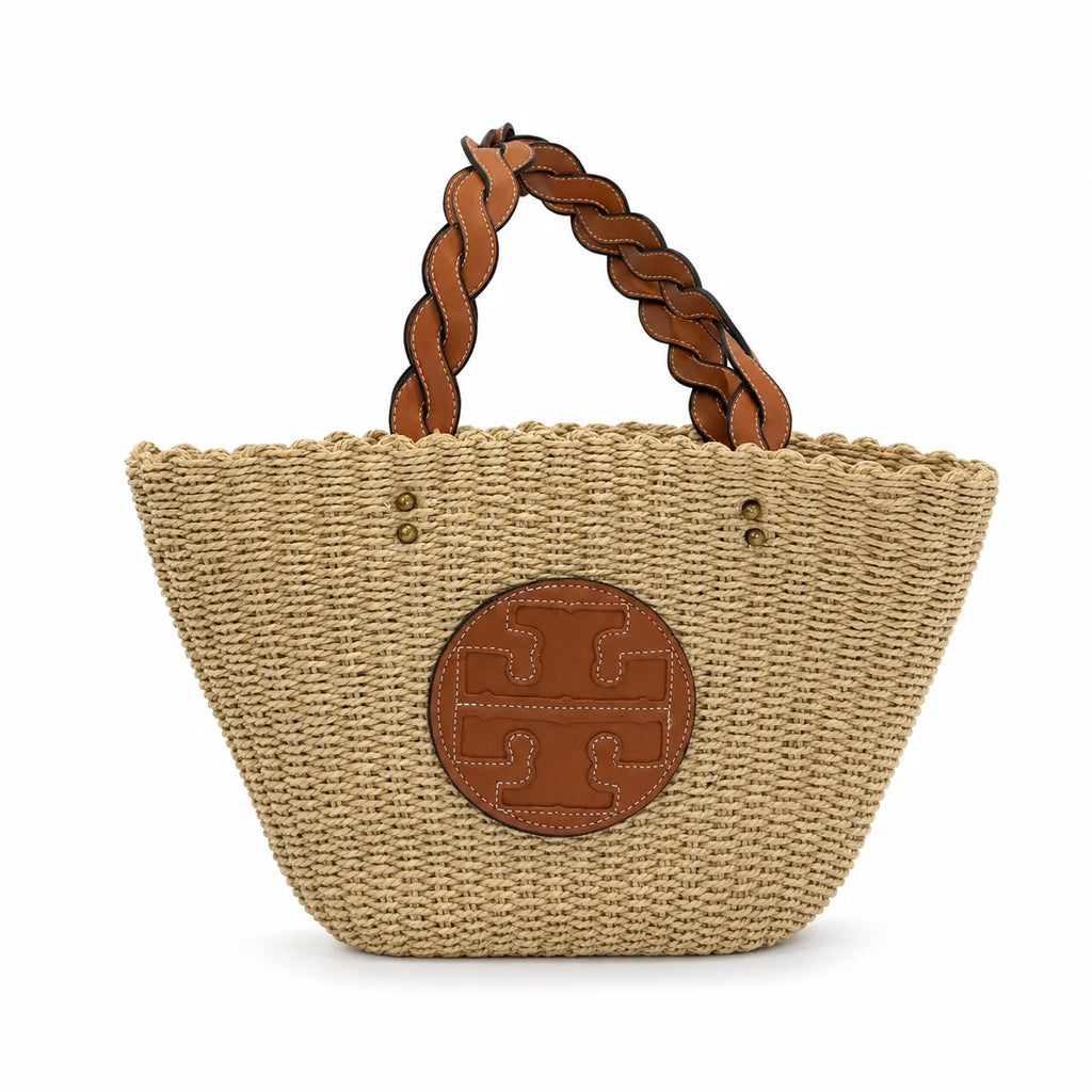 Tory Burch Ella | Natural raffia woven bag leather handle, round logo patch  women's summer straw tote bag