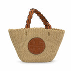 Tory Burch Ella | Natural raffia woven bag leather handle, round logo patch  women's summer straw tote bag