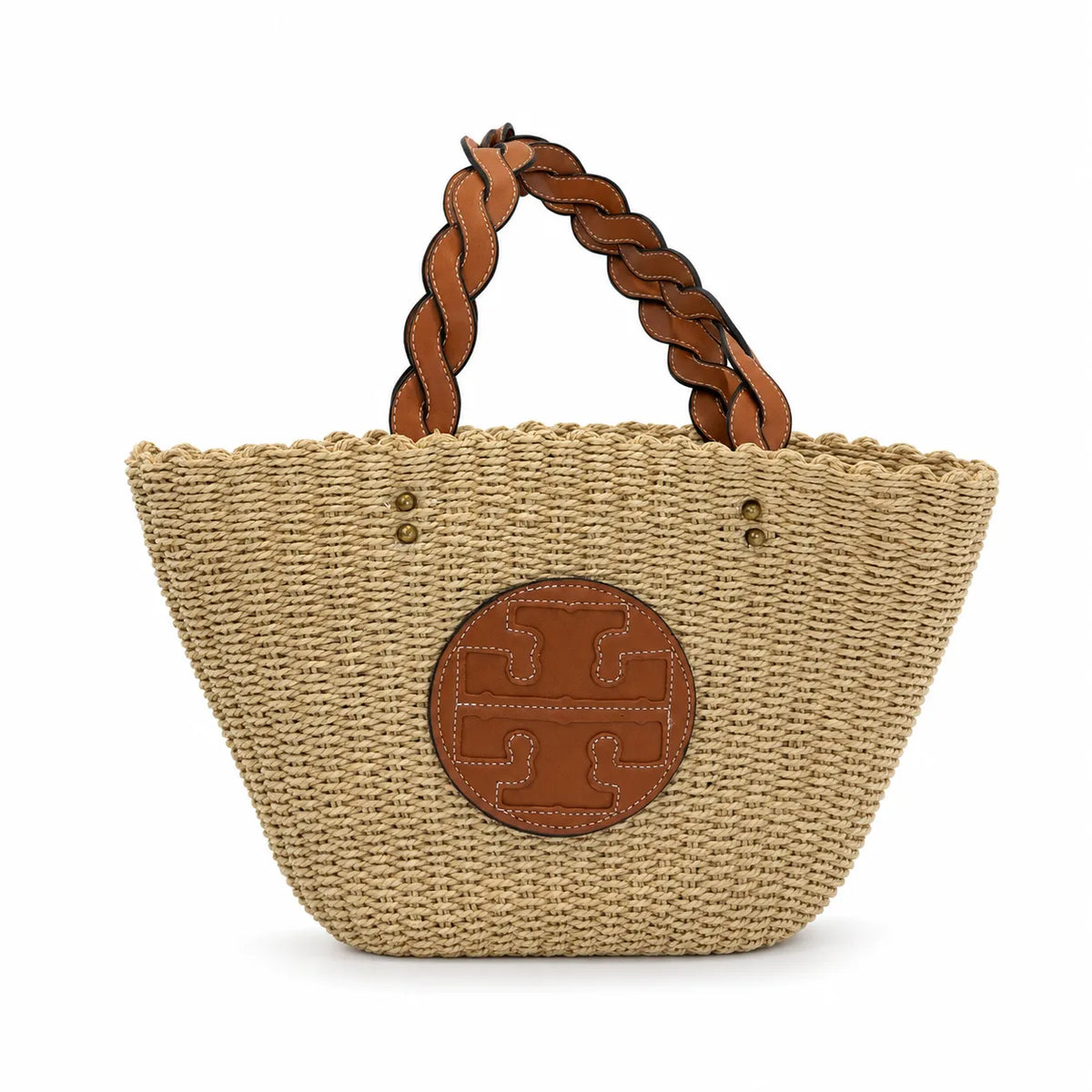 Tory Burch Ella | Natural raffia woven bag leather handle, round logo patch  women's summer straw tote bag