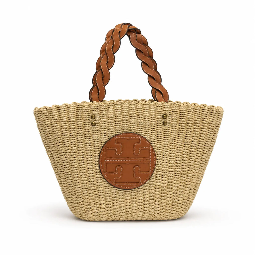Tory Burch Ella | Natural raffia woven bag leather handle, round logo patch  women's summer straw tote bag