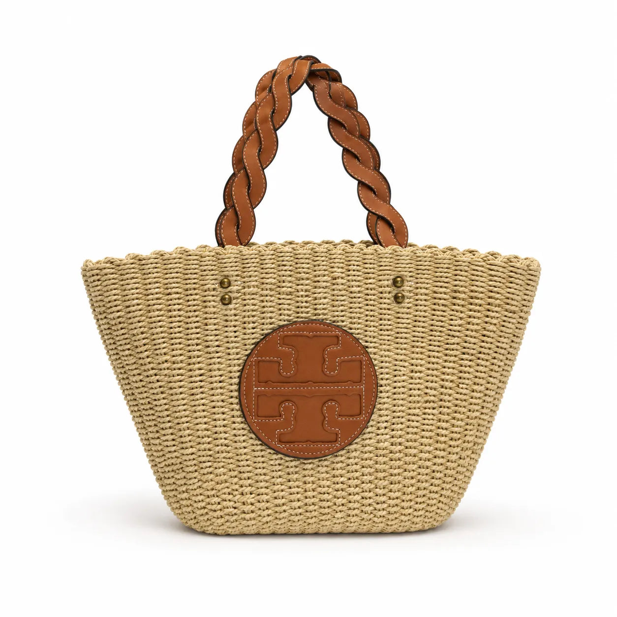 Tory Burch Ella | Natural raffia woven bag leather handle, round logo patch  women's summer straw tote bag