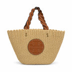Tory Burch Ella | Natural raffia woven bag leather handle, round logo patch  women's summer straw tote bag