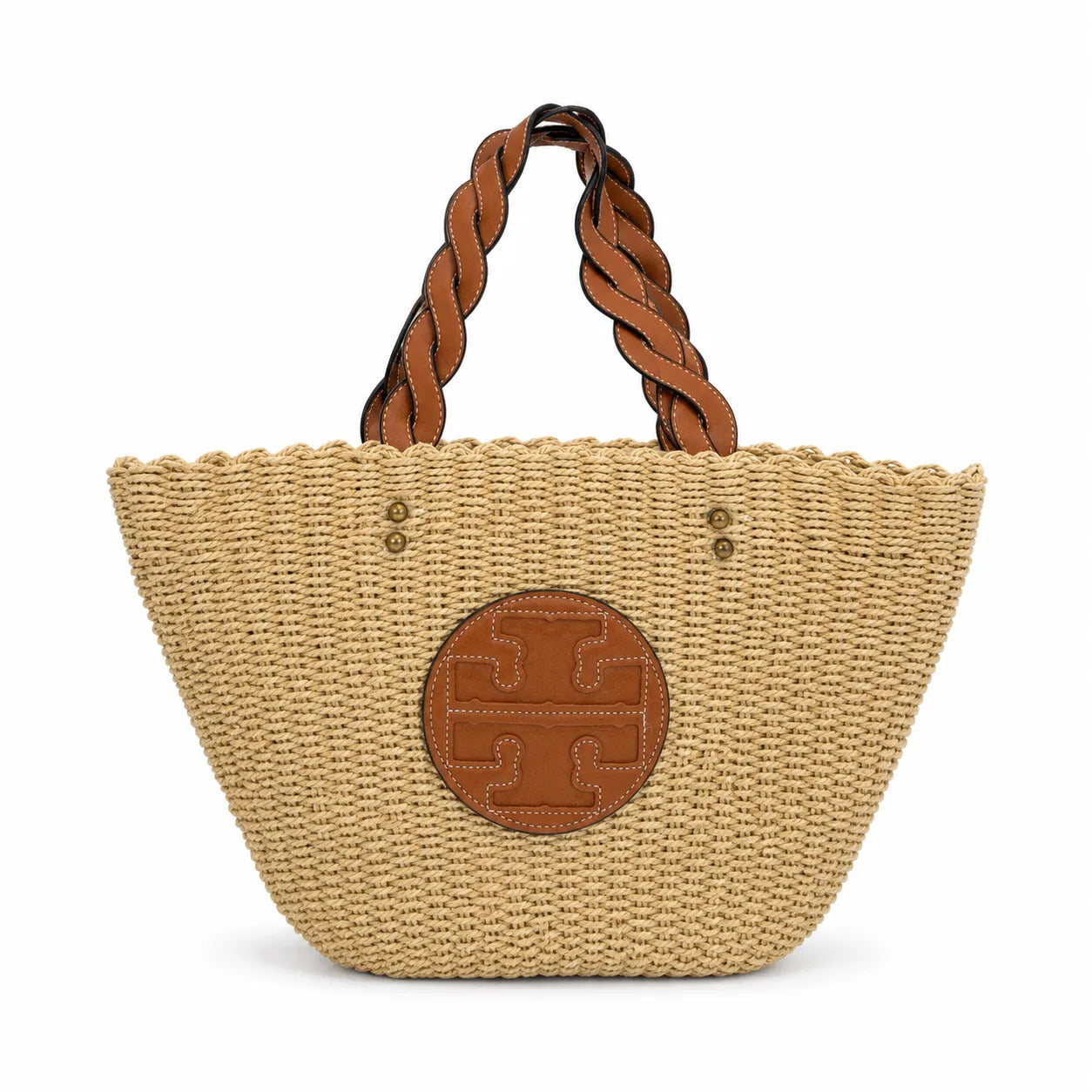 Tory Burch Ella | Natural raffia woven bag leather handle, round logo patch  women's summer straw tote bag