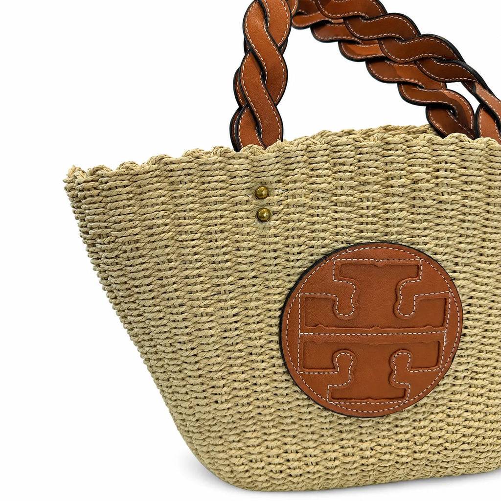 Tory Burch Ella | Natural raffia woven bag leather handle, round logo patch  women's summer straw tote bag