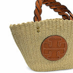 Tory Burch Ella | Natural raffia woven bag leather handle, round logo patch  women's summer straw tote bag