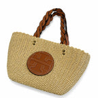 Tory Burch Ella | Natural raffia woven bag leather handle, round logo patch  women's summer straw tote bag