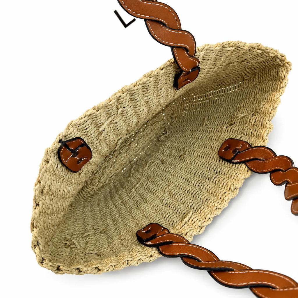 Tory Burch Ella | Natural raffia woven bag leather handle, round logo patch  women's summer straw tote bag