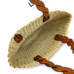 Tory Burch Ella | Natural raffia woven bag leather handle, round logo patch  women's summer straw tote bag