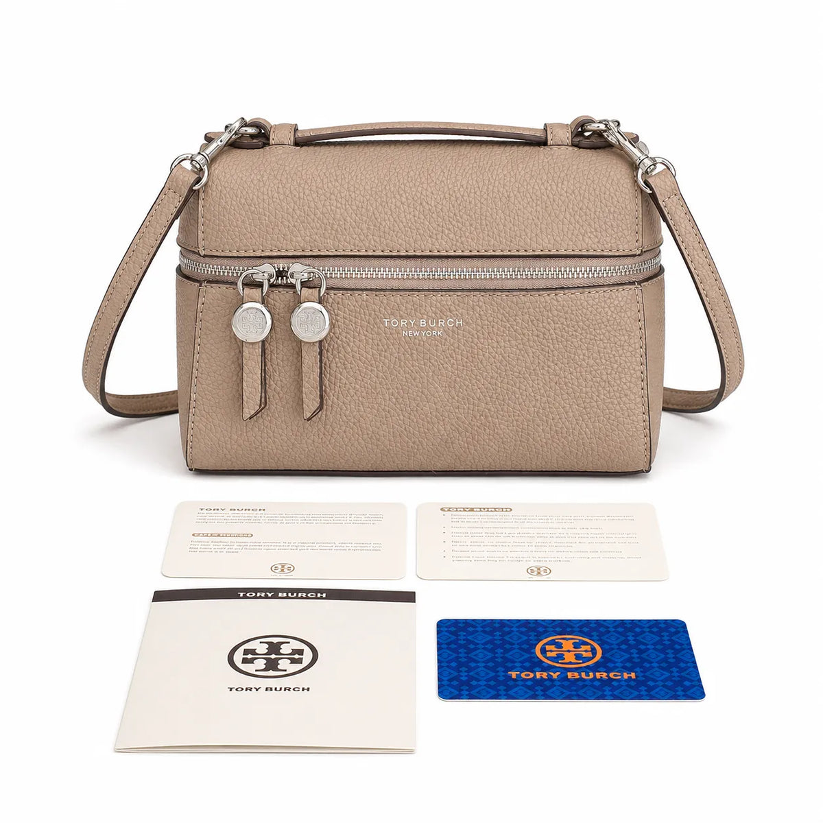 Tory Burch Romy | Caramel-colored pebbled leather with a detachable shoulder strap and double T charm  women's designer small crossbody bag