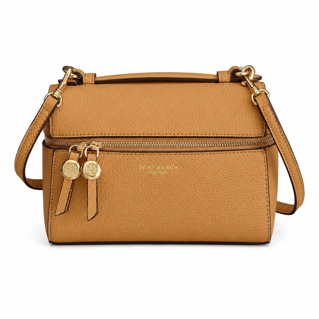Tory Burch Romy | Caramel-colored pebbled leather with a detachable shoulder strap and double T charm  women's designer small crossbody bag