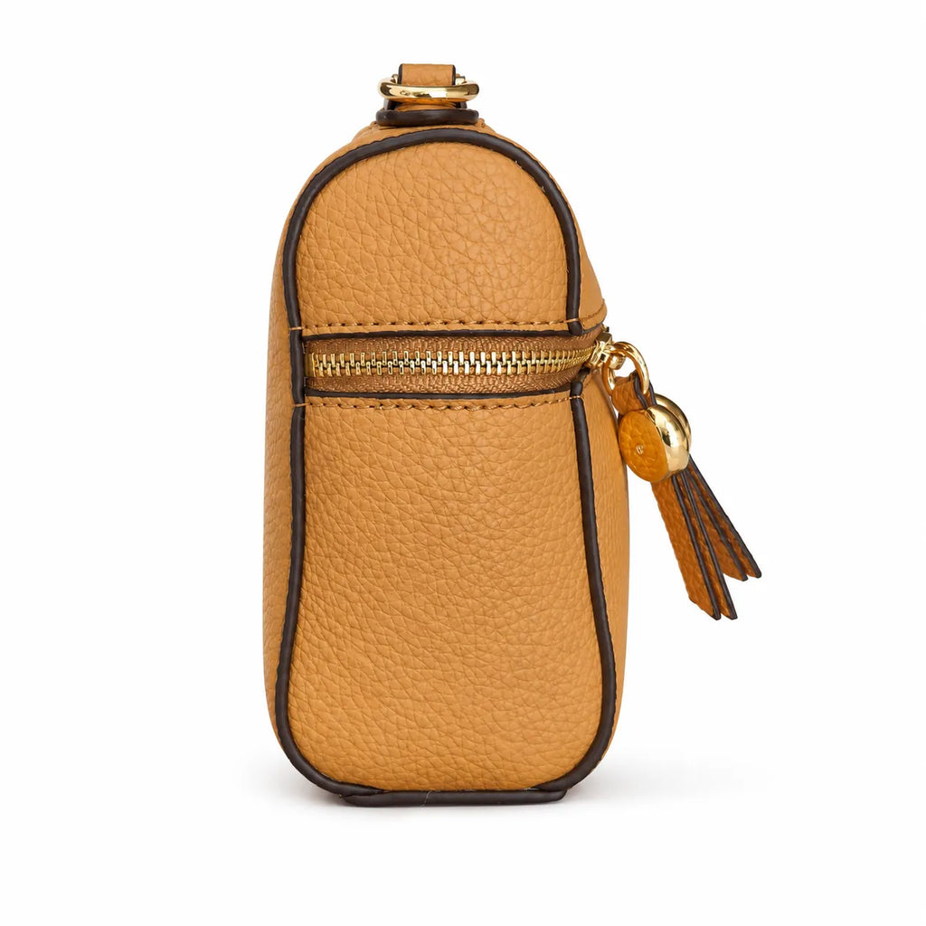 Tory Burch Romy | Caramel-colored pebbled leather with a detachable shoulder strap and double T charm  women's designer small crossbody bag