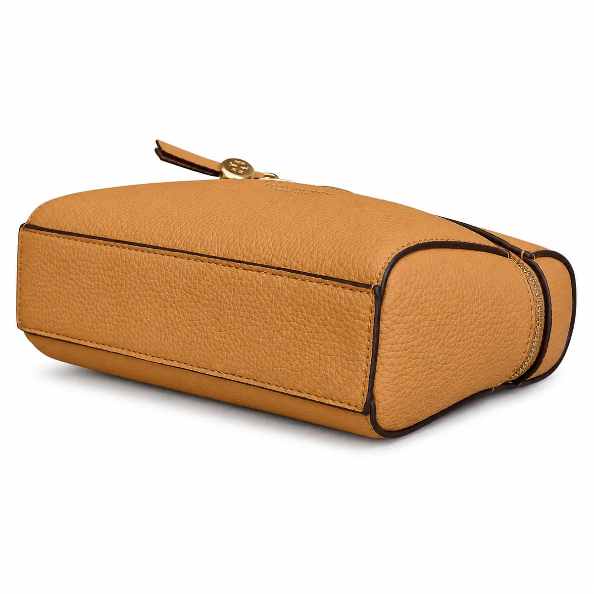 Tory Burch Romy | Caramel-colored pebbled leather with a detachable shoulder strap and double T charm  women's designer small crossbody bag