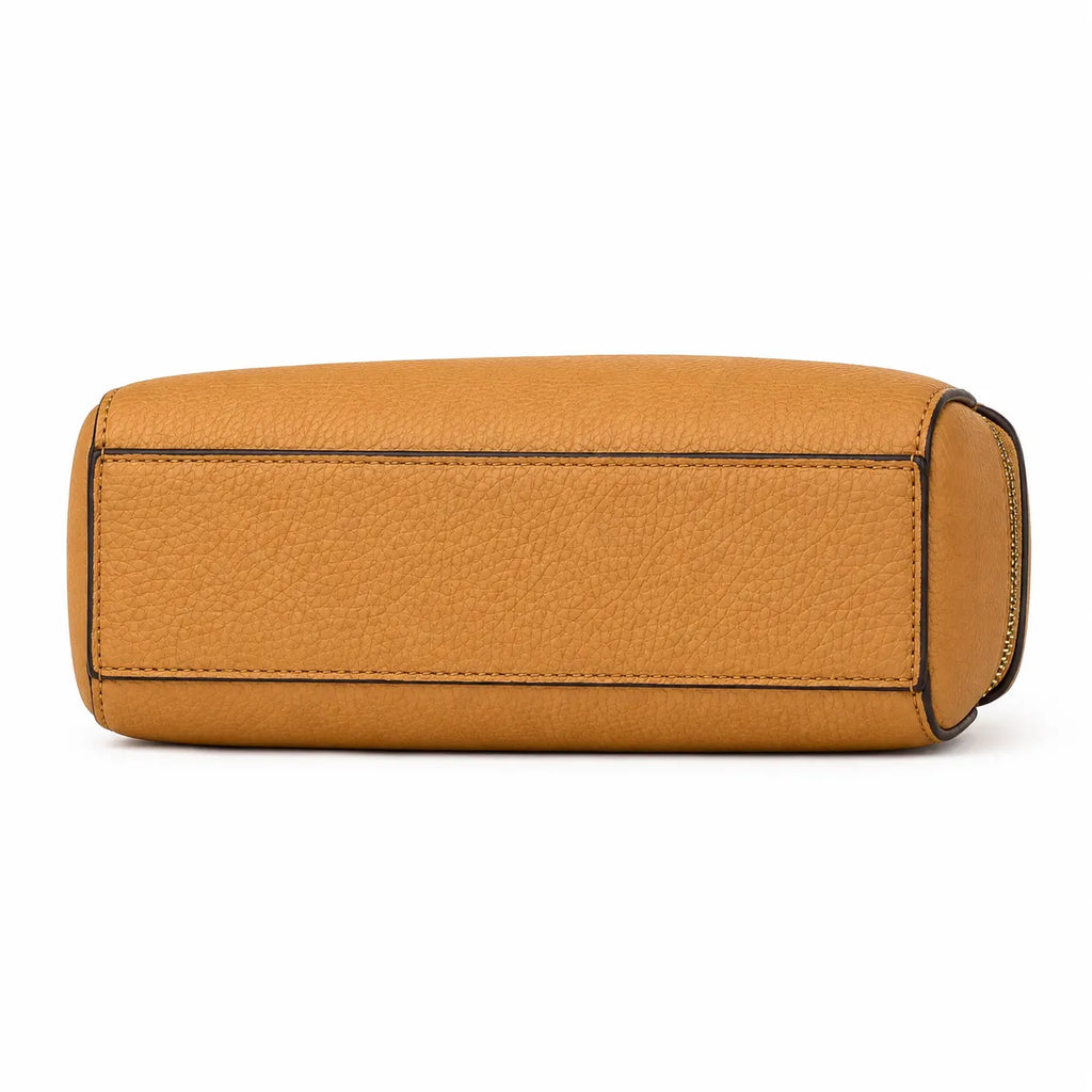 Tory Burch Romy | Caramel-colored pebbled leather with a detachable shoulder strap and double T charm  women's designer small crossbody bag