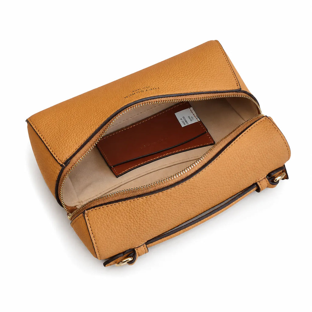 Tory Burch Romy | Caramel-colored pebbled leather with a detachable shoulder strap and double T charm  women's designer small crossbody bag