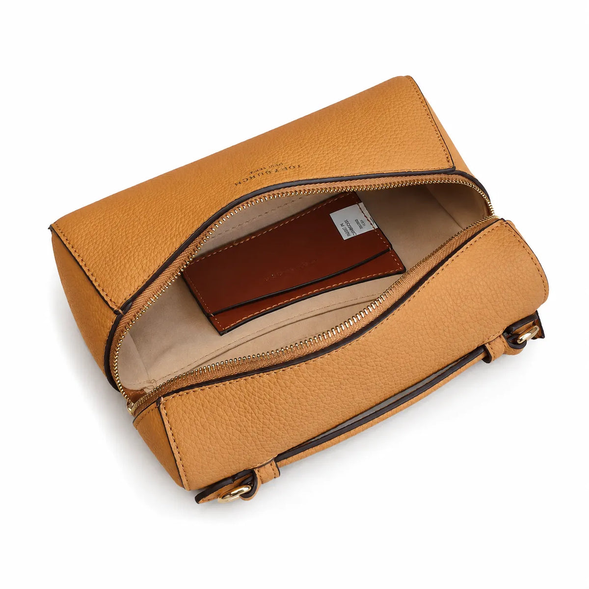 Tory Burch Romy | Caramel-colored pebbled leather with a detachable shoulder strap and double T charm  women's designer small crossbody bag