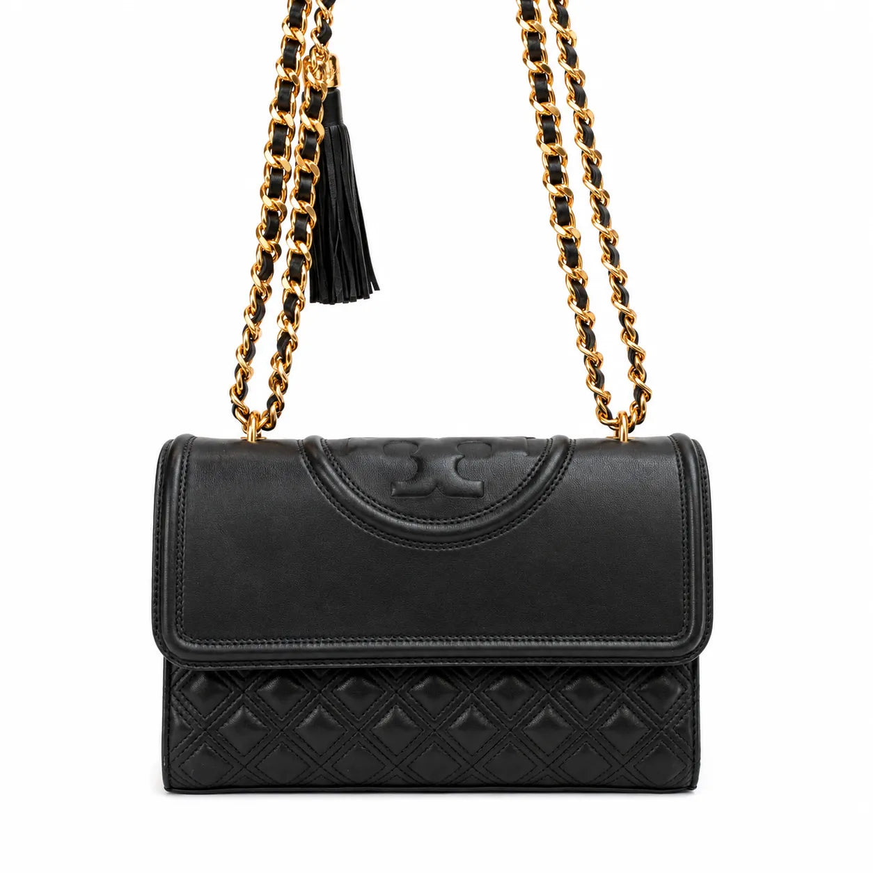 Tory Burch Fleming | Off-white lambskin tassel charm  magnetic closure  women's designer shoulder/crossbody bag