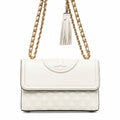 Tory Burch Fleming | Off-white lambskin tassel charm  magnetic closure  women's designer shoulder/crossbody bag