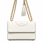 Tory Burch Fleming | Off-white lambskin tassel charm  magnetic closure  women's designer shoulder/crossbody bag