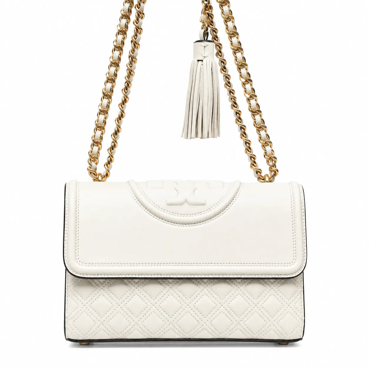 Tory Burch Fleming | Off-white lambskin tassel charm  magnetic closure  women's designer shoulder/crossbody bag