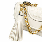 Tory Burch Fleming | Off-white lambskin tassel charm  magnetic closure  women's designer shoulder/crossbody bag