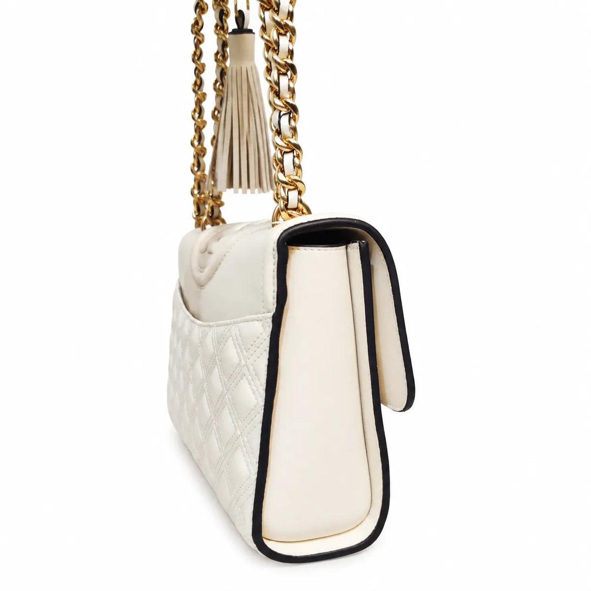 Tory Burch Fleming | Off-white lambskin tassel charm  magnetic closure  women's designer shoulder/crossbody bag