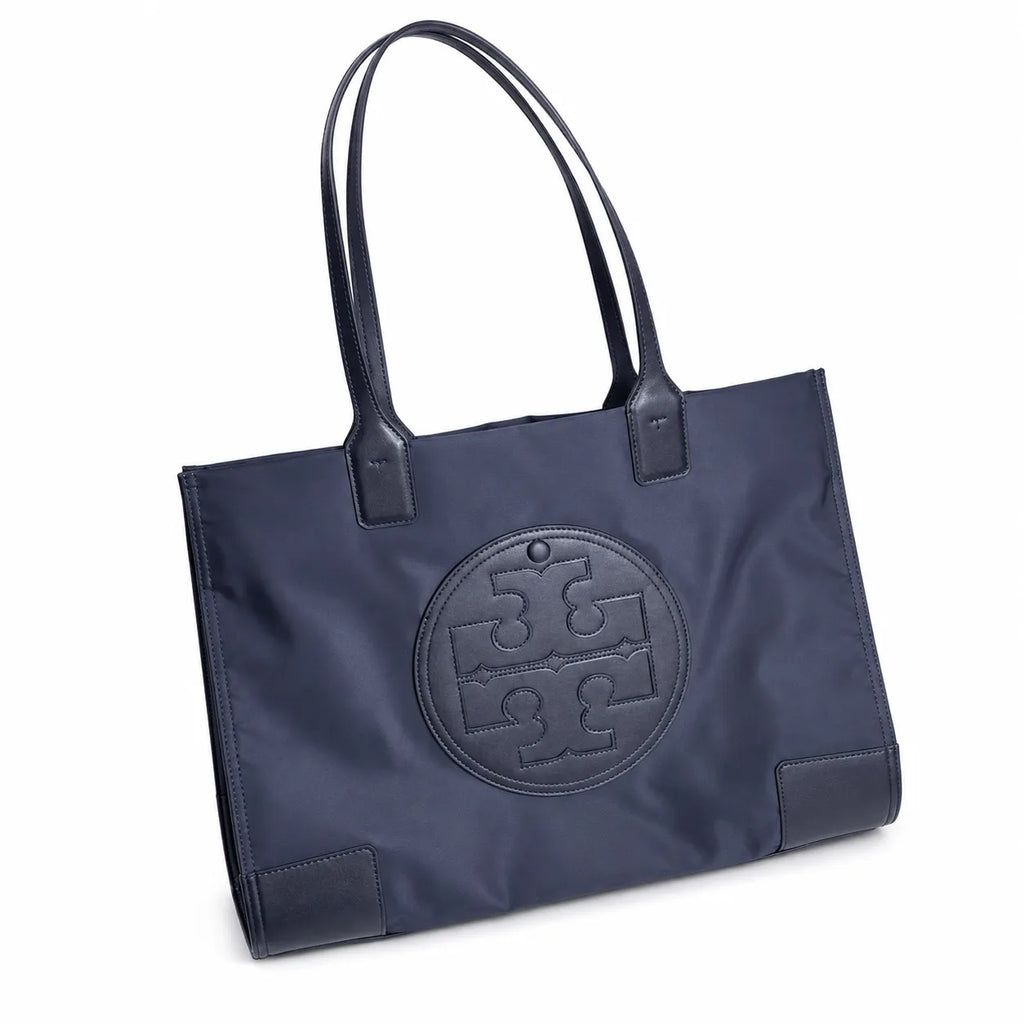 Tory Burch Ella Large Tote Bag Navy Blue Nylon Shoulder Handbag with Double T Logo Lightweight Work & Travel Carryall
